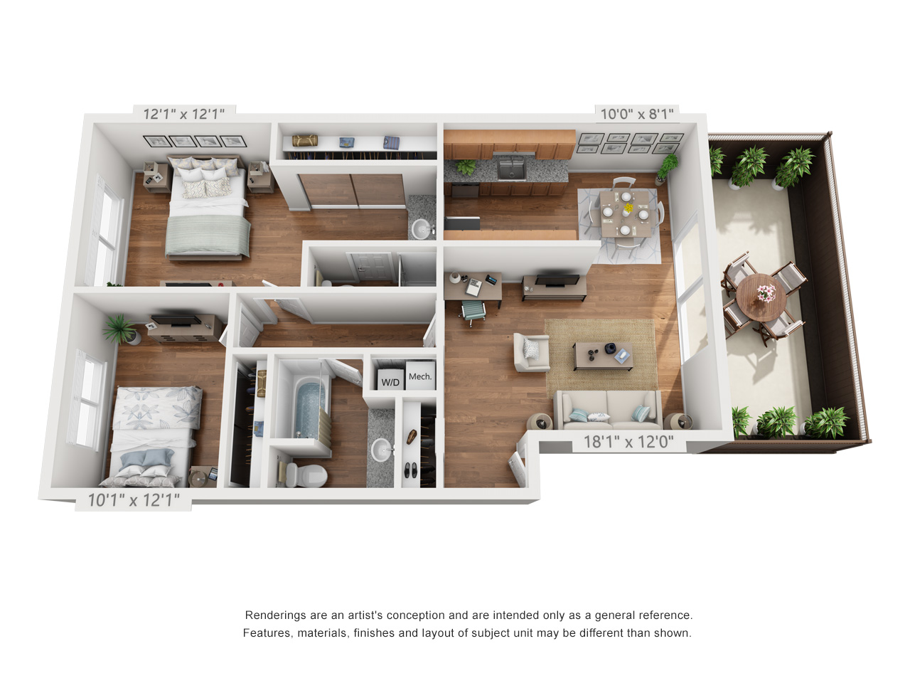 Floor plan for 2 beds, 2 baths, 1005 sqft
